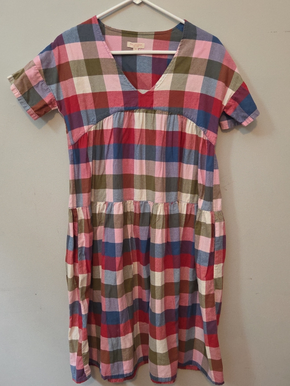 Pink Chicken Multicolor Plaid V-Neck Cotton Dress